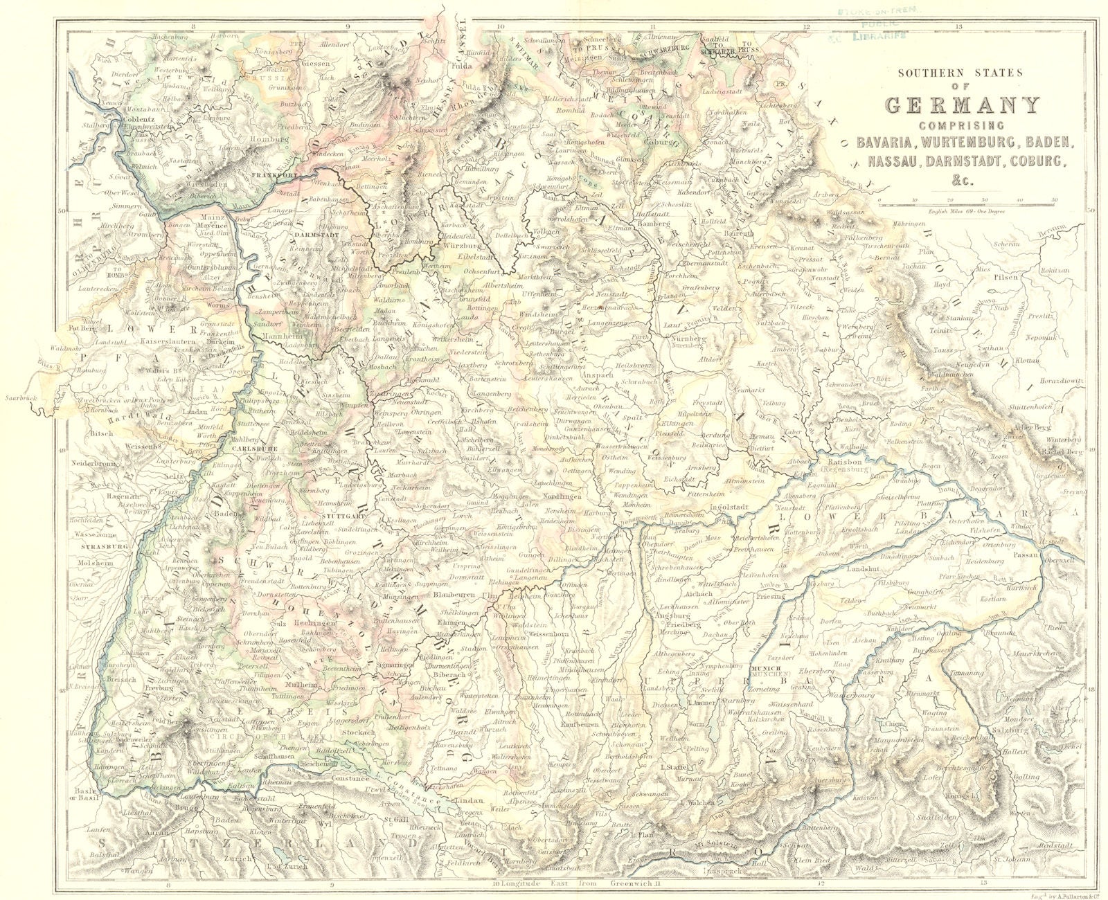 BAYERN, WURTEMBURG, NASSAU, DARMSTADT, COBURG.  1856 old antique map chart